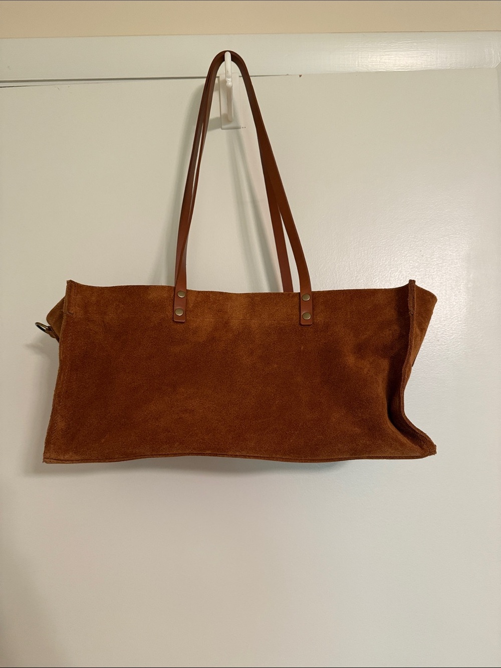Parker Thatch East West tote in camel suede
